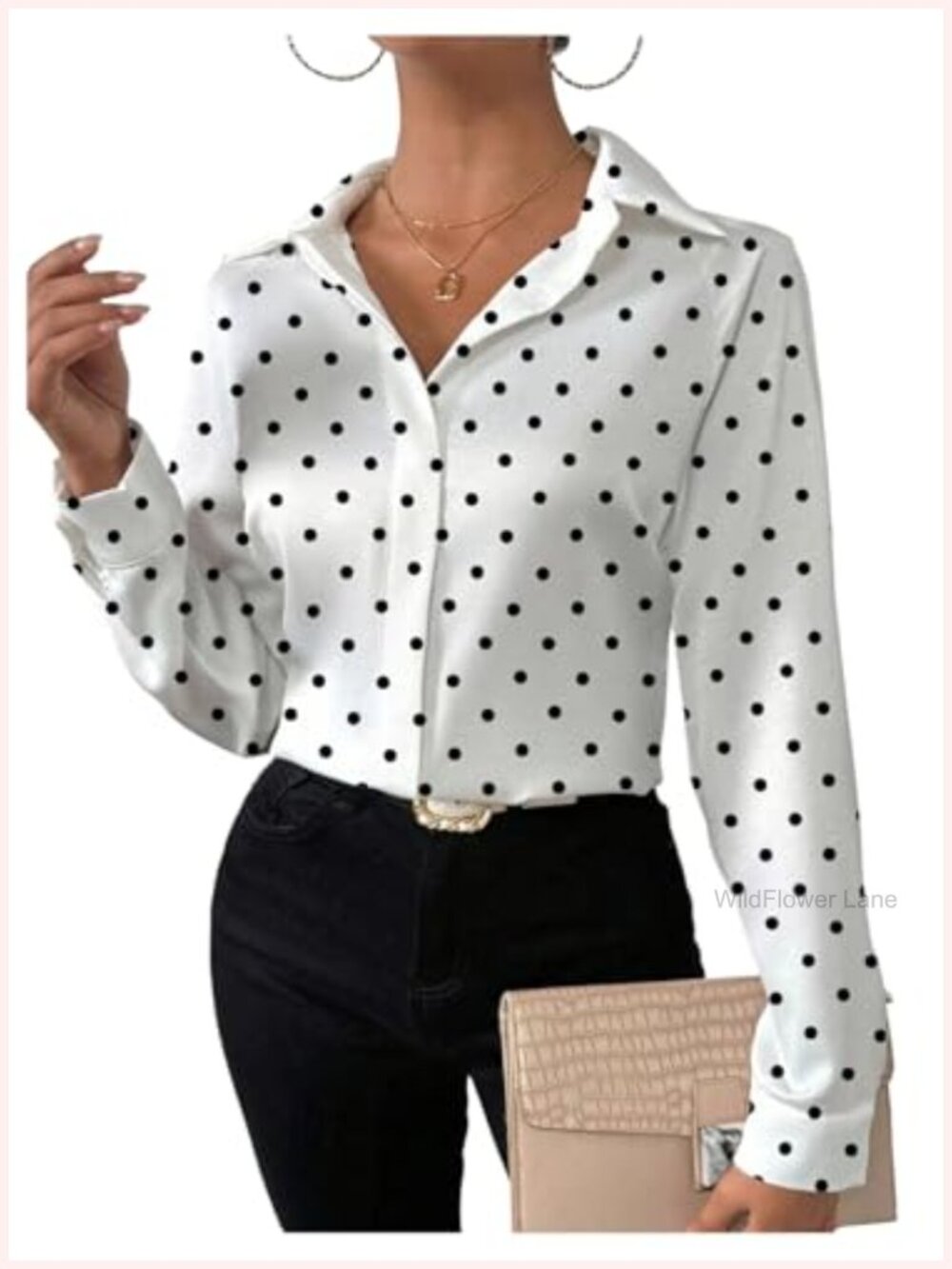 Polka Dot Long Sleeve Button Down Blouse for Work